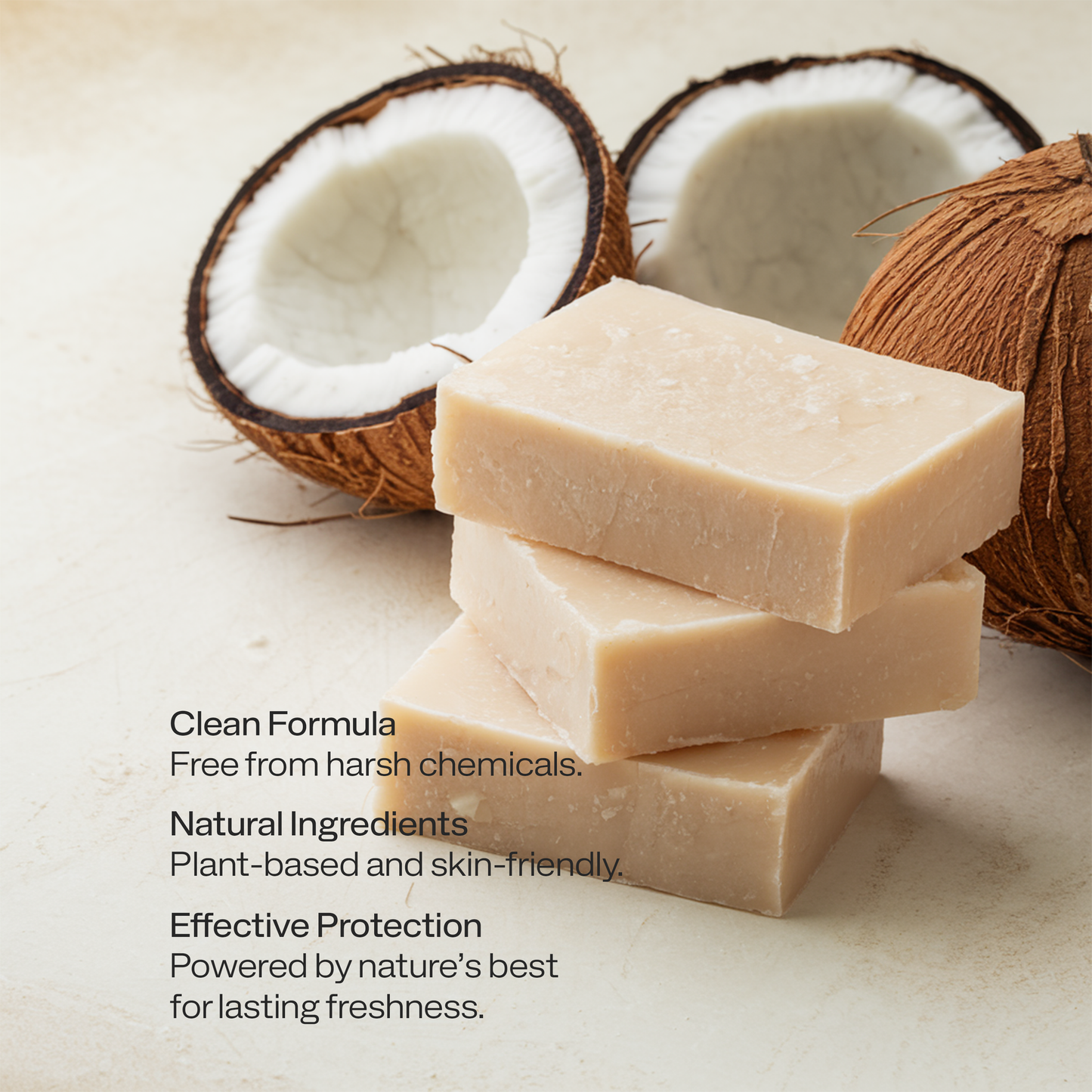 Natural edible sun balm bars stacked with halved coconuts highlighting plant-based ingredients and clean formula