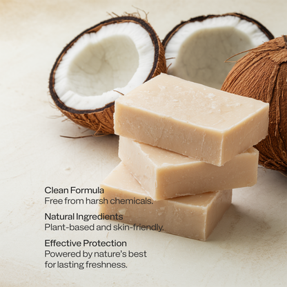 Natural edible sun balm bars stacked with halved coconuts highlighting plant-based ingredients and clean formula
